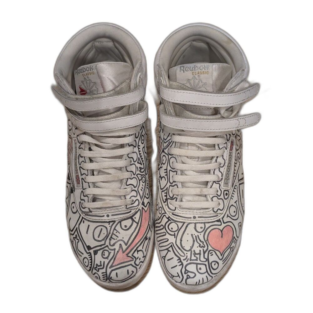 Custom Hand-Drawn Doodle Reebok Retro Freestyle Hi Top Sneakers